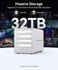 Kickass 2.5 Inch 4 Bay Raid Enclosure Featuring Usb 3.2 Gen 2 Ports showcasing 32TB capacity with sleek design for video editors.