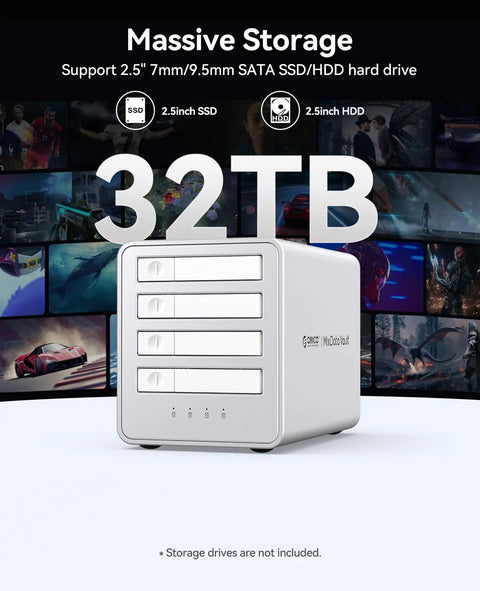 Kickass 2.5 Inch 4 Bay Raid Enclosure Featuring Usb 3.2 Gen 2 Ports showcasing 32TB capacity with sleek design for video editors.
