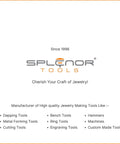 Splenor Tools logo with jewelry making tools list including dapping tools, benchtools, metal forming tools, since 1998.