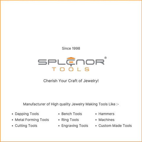 Splenor Tools logo with jewelry making tools list including dapping tools, benchtools, metal forming tools, since 1998.