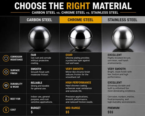 100 Pack 6mm Chrome Steel Bearing Balls Grade 25 Precision Rounds For Bicycles Casters Drawer Hardware And Machinery AISI 52100 Chromium Steel With Tight Tolerances And Smooth Finish For Long Lasting Performance comparing carbon, chrome, and stainless steel
