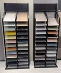 Premium Heavy Duty Tile Display Rack With 24 Card Slots showcasing various sample slabs in dual pack arrangement.