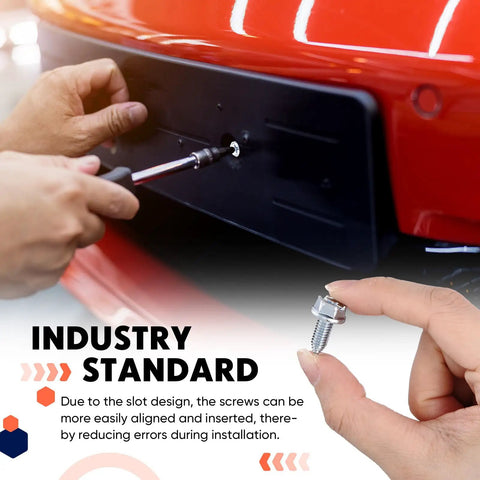 Person installing license plate with Bulk Pack Of 100 License Plate Screws 6mm X 16mm Slotted Hex Head Bolts for Cars