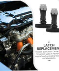 Beefy Stainless Steel Engine Hood Latch Kit with Rubber T Handle Easy Install shown next to a car engine for replacement.
