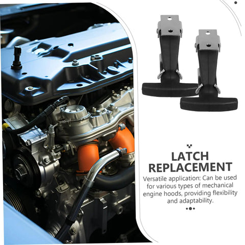 Beefy Stainless Steel Engine Hood Latch Kit with Rubber T Handle Easy Install shown next to a car engine for replacement.