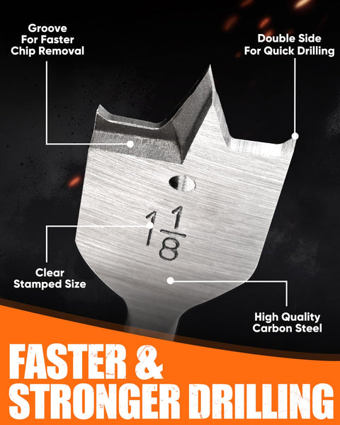 Heavy Duty 14 Piece Spade Drill Bit Set With Quick Change Extension Sae Paddle Bits showing a sharp carbon steel drill bit with a groove.