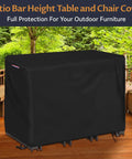 Outdoor Bar Height Table Cover Waterproof 60 Inch Long Rectangular Patio Furniture Cover installed on a tall bar table