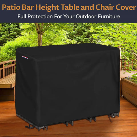 Outdoor Bar Height Table Cover Waterproof 60 Inch Long Rectangular Patio Furniture Cover installed on a tall bar table