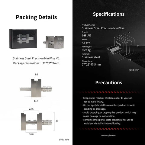 Stainless Steel Precision Mini Vise Grip 0.88inch To 0.22inch For Tiny Models And Fixed Parts, A Handy Tool For Detailing, Sanding Surfaces, Drilling Holes, Scribing Panel Lines, Painting Prep, And Fine Craft Work. Stainless steel mini vise with packaging and dimensions shown