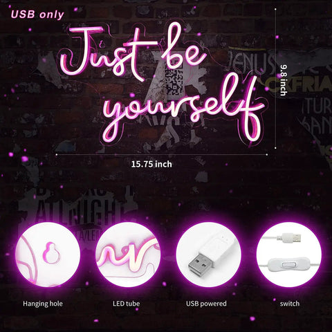 Pink USB Powered Neon Sign For Wall Decor LED Light Neon Art With Warm Glow Showing Text 'Just Be Yourself' and Components