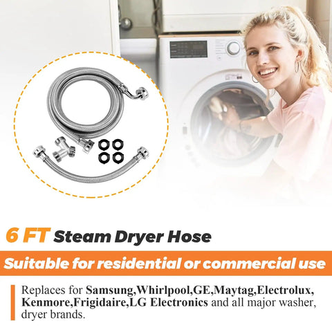 Upgraded 6Ft Premium Steam Dryer Hose Installation Kit With 6 Stainless Steel Hoses, 1 Foot Inlet Adapter Hose, And Brass Y Connector