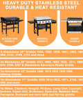 Chart showing griddle compatibility for Adjustable Griddle Warming And Cooling Rack For 17 22 28 36 Inch Griddles Universal Stainless Steel Warming Tray Grill Shelf Warmer Compatible With Weber Char Broil Nexgrill And Most Tabletop Griddles.