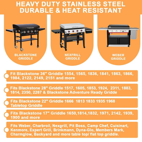 Chart showing griddle compatibility for Adjustable Griddle Warming And Cooling Rack For 17 22 28 36 Inch Griddles Universal Stainless Steel Warming Tray Grill Shelf Warmer Compatible With Weber Char Broil Nexgrill And Most Tabletop Griddles.