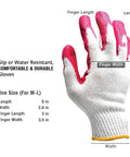 All Purpose Non Slip Red Latex Palm Coated Work Safety Gloves For Garden And Warehouse Tasks Grippy Feel All Day Comfort In Cotton Polyester Latex Blend 300 Pairs shown with dimensions