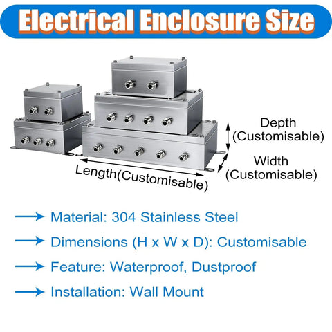 Stacked stainless steel enclosures with cable glands, showcasing customizable weatherproof junction boxes, suitable for wall mounting.