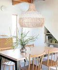 White Rattan Pendant Light For Dining Room Boho Wicker Chandelier Rustic Lampshade Hanging Ceiling Fixture over dining table
