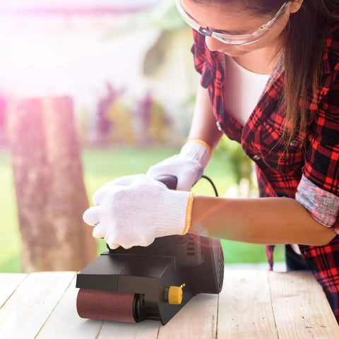 Person using 7 Amp Handheld Belt Sander With 3 x 21 Inch Belts, Dust Bag, And Beast Mode Variable Speed 120 To 400 RPM For Woodworking