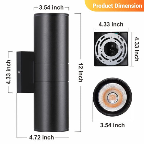 Dimensions of Two Pack Outdoor Wall Light With Slick Integrated LED Cylinder Up Down Lighting, 12W 2700K Warm White, Aluminum Matte Black