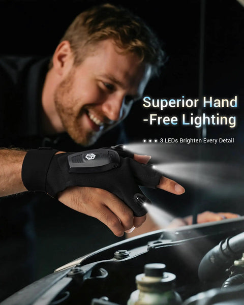 Man using Rechargeable Flashlight Gloves For Men Ultra Bright 3-Finger LED Waterproof Finger Lights For Camping Fishing And DIY Repairs