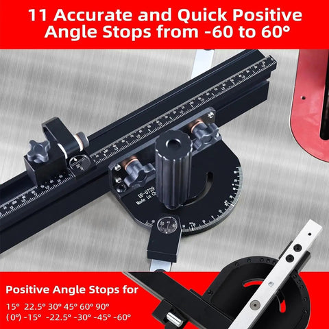 Precision Woodworking Miter Gage With 360Mm Fence And Flip Stop For Bench Saws offers 11 angle stops from -60 to 60 degrees.