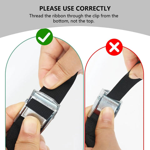 Correct and incorrect threading of Heavy Duty Ladder Safety Strap With Anchor Plate And Stainless Clip For Anti Slip Pole Strap On Rooftop Work.