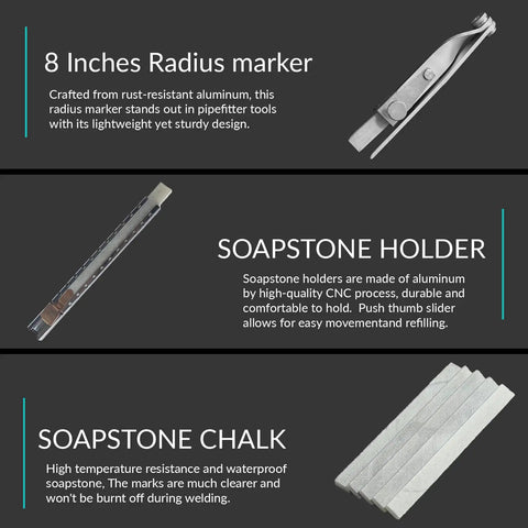 Top Shelf 8 Inch Contour Radius Marker Kit With Durable Soapstones And Solid Holder For Straight Shot Precision Pipe Layouts And Flange Fits Plus Saddle Cuts showing rust-resistant aluminum radius marker.