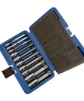 Premium 10 Pc Impact Socket Set With Spline Wrench Heads In 1 4 3 8 And 1 2 Inch Sizes Featuring Heavy Duty 12 Point Teype Design For Rusted Bolts Plus Torx Bits For Major Auto Projects. Blue case with 10-piece chrome spline bits and sockets
