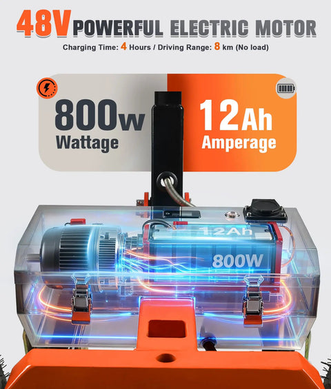 Heavy Duty Electric Trailer Dolly 800W Motor, 48V Lithium Battery Power showing detailed electric motor specifications.