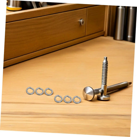 100 Pcs Stainless Steel Spring Lock Washer Kit for Bolts and Nuts Heavy Duty Anti Loosening and Vibration Proof Washers Fastener Set for Car Assembly and General Repair, six washers on wood surface