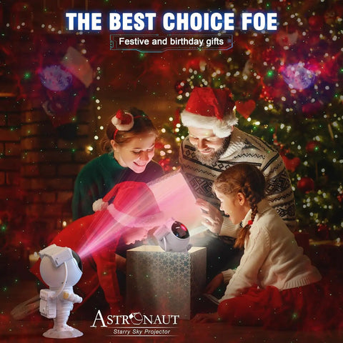Family celebrating with Cosmic Projector Lamp With LED Night Light For Kids and Spaceman Starry Sky Night Projector.