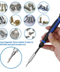 136 In 1 Electronics Repair Tool Kit With Magnetic Drive Bits, 111 Screwdriver Bits, shown with precision screwdriver and screws.