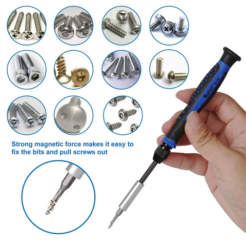 136 In 1 Electronics Repair Tool Kit With Magnetic Drive Bits, 111 Screwdriver Bits, shown with precision screwdriver and screws.