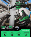 Person using Cordless Brushless Impact Wrench Kit With 650 Nm Torque Half Inch Drive Two Batteries Beefy Compact Yet Powerful Tire And Home Tool For Quick Lug Nuts, Car Maintenance, And DIY Projects on metal structure