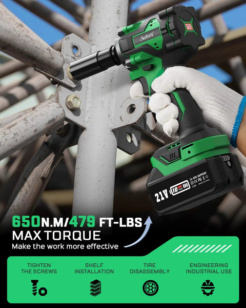 Person using Cordless Brushless Impact Wrench Kit With 650 Nm Torque Half Inch Drive Two Batteries Beefy Compact Yet Powerful Tire And Home Tool For Quick Lug Nuts, Car Maintenance, And DIY Projects on metal structure