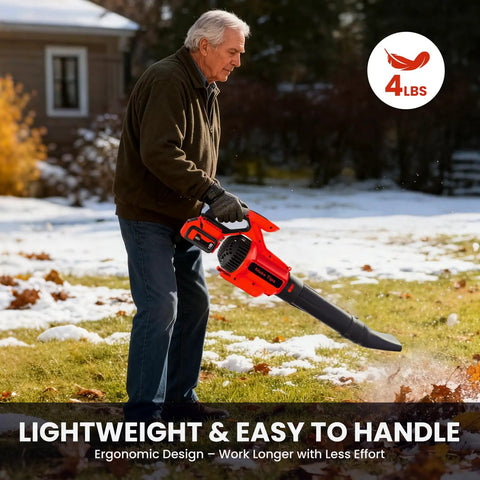 Man using Cordless Leaf Blower With M18 Battery System, High Power Brushless Motor on a snowy lawn