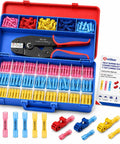 Shop Grade Heat Shrink Butt Connector And T Tap Splice Kit With Heavy Duty Wire Crimper 250 Piece Assorted Terminals 22 To 10 Awg, displayed in durable case