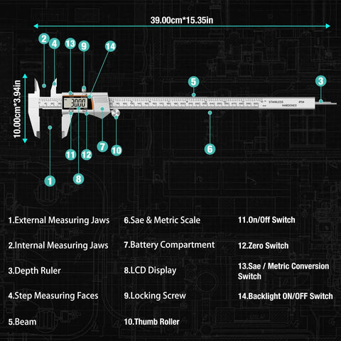 Diagram of Digital Caliper 12 Inch 300mm Stainless Steel Electronic Caliper with feature labels on a technical blueprint background.