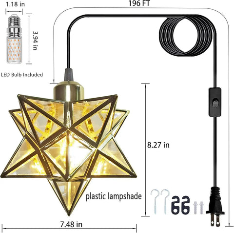 Lit Gold Ceiling Pendant Light with Star Design, Vintage Hanging Lamp, Plug In Cord, E26 Socket, Clear PVC Shade