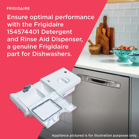 Detergent And Rinse Aid Dispenser For Dishwashers Model 154574401 White Replacement displayed with kitchen set up.