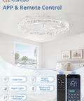 24 Inch Ceiling Fan With LED Lights And Smart App Remote Flush Mount Design installed in a living room setting, showing modern app features.