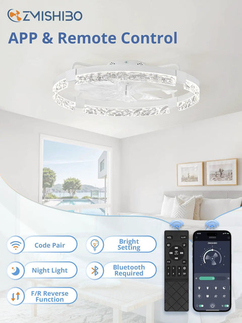 24 Inch Ceiling Fan With LED Lights And Smart App Remote Flush Mount Design installed in a living room setting, showing modern app features.