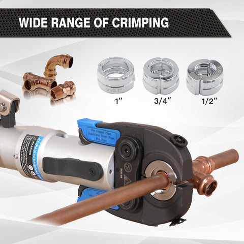 Workhorse Copper Pipe Press Tool for Viega ProPress fittings with die sizes shown, crimping copper pipe