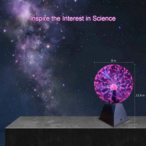 8 Inch Plasma Ball Light Lamp with Touch and Sound Sensitivity displayed against a starry background, inspiring science interest.
