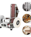 Upgrade Your Workshop With This Versatile Mini Electric Belt Grinder And Sander, metalworking tool with polishing wheel.
