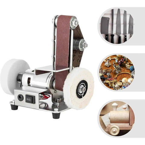 Upgrade Your Workshop With This Versatile Mini Electric Belt Grinder And Sander, metalworking tool with polishing wheel.