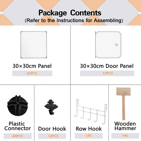 Package contents for 12 Cube Storage Organizer With Doors For Home And Living Room, DIY Plastic Modular Bookshelf In Transparent White.