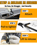 Instructional diagram of 1 Inch By 10 Foot Motorcycle Tie Down Straps With Cam Buckle Quick Release 1200 Pound Break Strength steps.