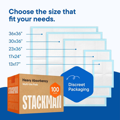 No Fuss And No Sweat 300 Pack Disposable Underpads And Chux Pee Pads Measuring 17X24 Inches with various sizes displayed.