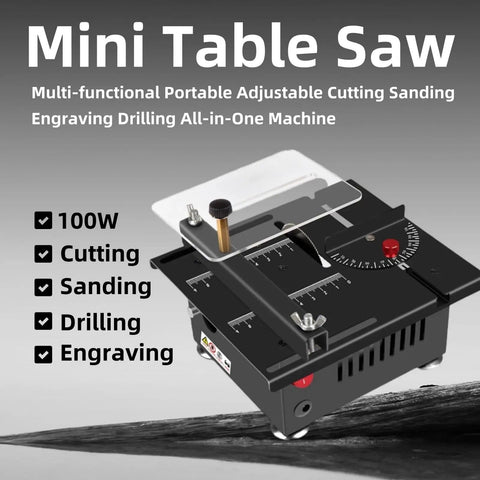 Compact Table Saw With 100W Power, Handy Portable DIY Cutter with adjustable speed and angle for crafts and woodworking projects.