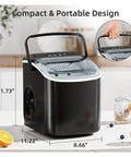 Hella Fast Portable Countertop Ice Maker Drops Fresh Cubes In Six Minutes With Sturdy Carry Handle Self Cleaning Tech Pushes Out Twenty Six Pounds Daily Anytime, showing compact design and dimensions